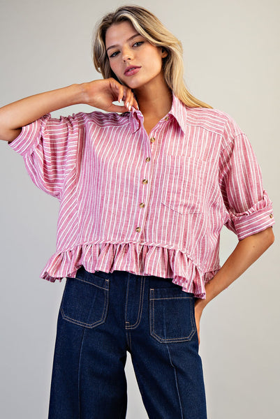 ee:some Striped Button Down Ruffled Hem Shirt in Rasberry