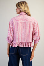 ee:some Striped Button Down Ruffled Hem Shirt in Rasberry