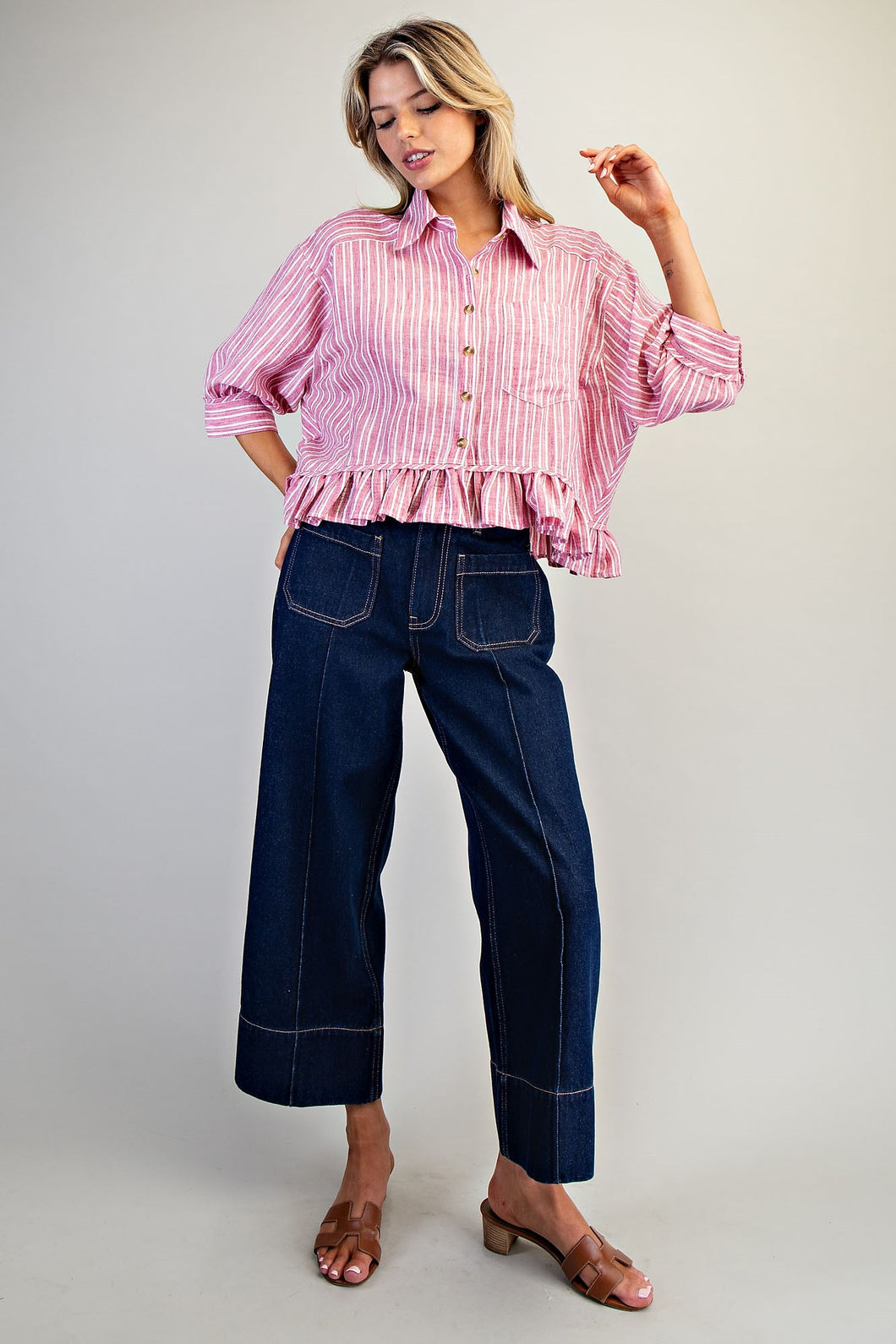 ee:some Striped Button Down Ruffled Hem Shirt in Rasberry