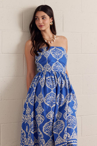 Entro Printed strapless midi dress in Blue