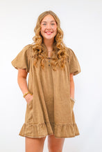 Easel Solid Color Washed Chambray Mini Dress in Mocha