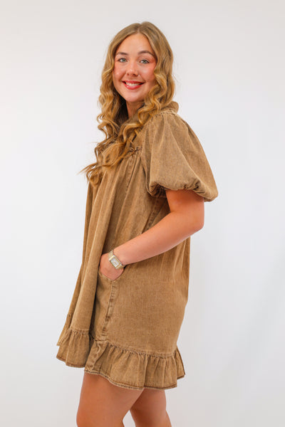 Easel Solid Color Washed Chambray Mini Dress in Mocha