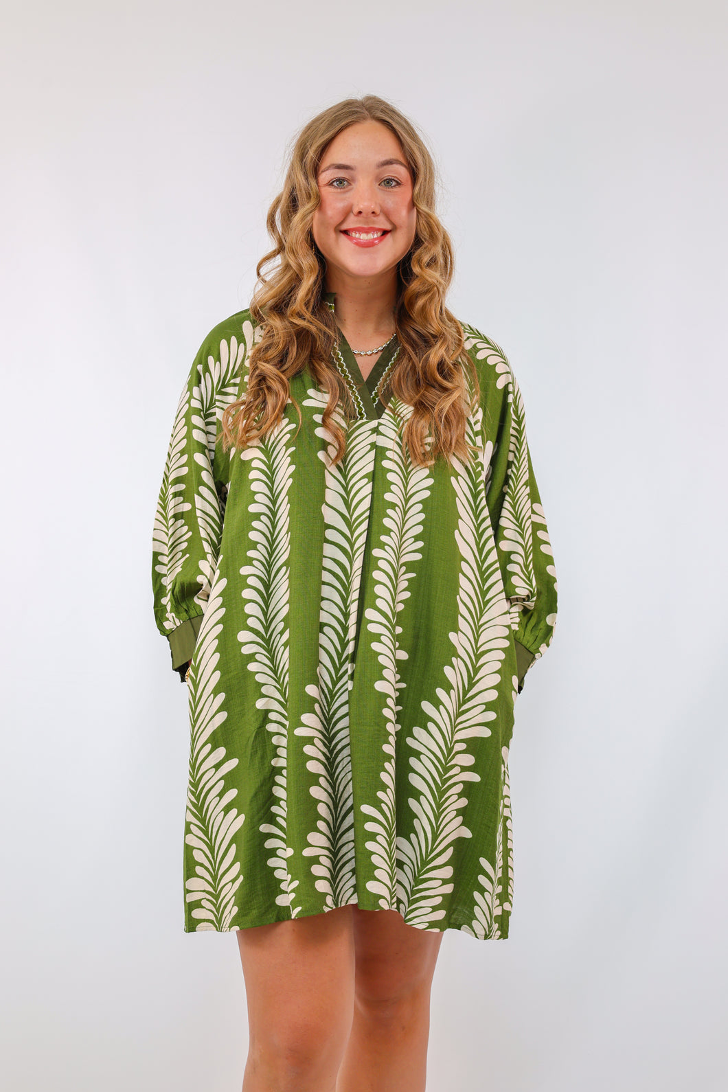 Umgee Leaf Print V-Neck Babydoll Dress Umgee Leaf Print V-Neck Babydoll Dress