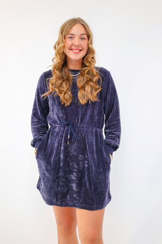 Umgee  Velour Drawstring Mini Dress with Long Sleeves