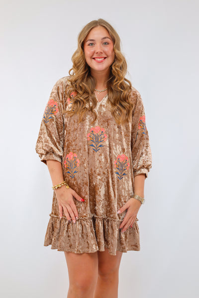 Umgee  Velvet Floral Embroidered Dress in Latte