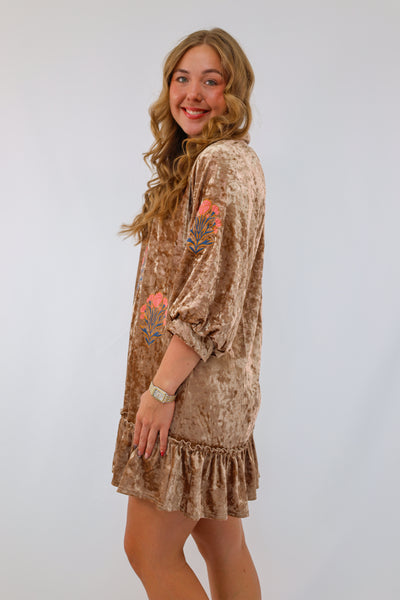 Umgee  Velvet Floral Embroidered Dress in Latte