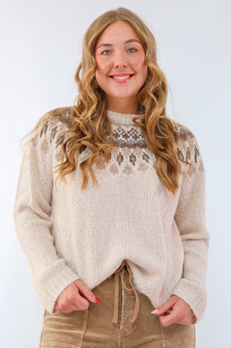Fair Isle Pattern Long Sleeve Knit Sweater in Ivory