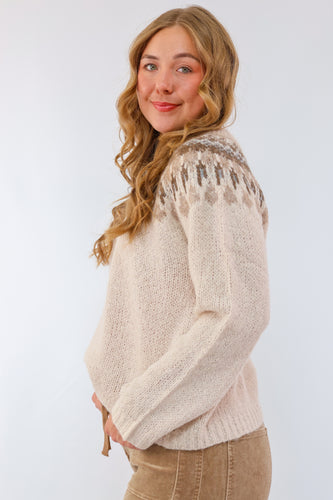 Fair Isle Pattern Long Sleeve Knit Sweater in Ivory