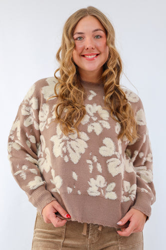 Floral Distressed Crewneck Terry Knit Sweater in Taupe