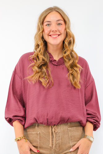 Umgee Ruffle Neck V-Cut Blouse in Merlot