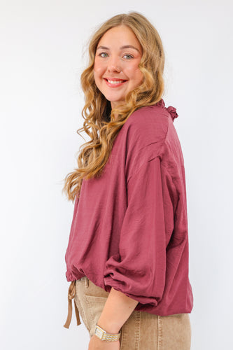 Umgee Ruffle Neck V-Cut Blouse in Merlot