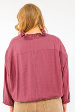 Umgee Ruffle Neck V-Cut Blouse in Merlot