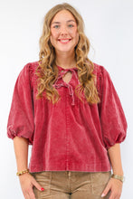 Umgee Corduroy Puff Sleeve Blouse in Rosewood