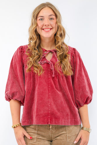 Umgee Corduroy Puff Sleeve Blouse in Rosewood