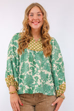 Umgee Abstract Print Long Sleeve Top with Rounded Yoke in Green