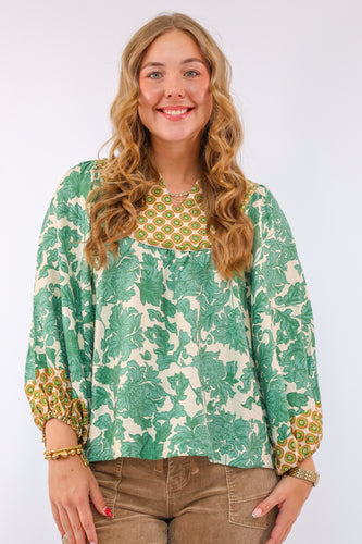 Umgee Abstract Print Long Sleeve Top with Rounded Yoke in Green