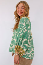Umgee Abstract Print Long Sleeve Top with Rounded Yoke in Green
