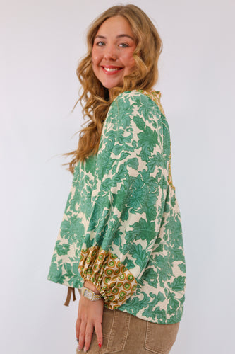 Umgee Abstract Print Long Sleeve Top with Rounded Yoke in Green