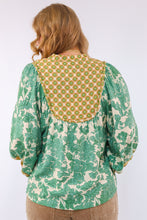 Umgee Abstract Print Long Sleeve Top with Rounded Yoke in Green