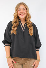 Umgee Puff Sleeves V Neck Collared Top in Black
