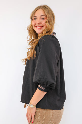 Umgee Puff Sleeves V Neck Collared Top in Black