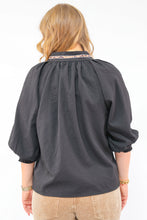 Umgee Puff Sleeves V Neck Collared Top in Black