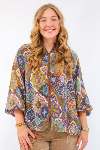 Umgee Boho Mosaic Print Button Down Blouse