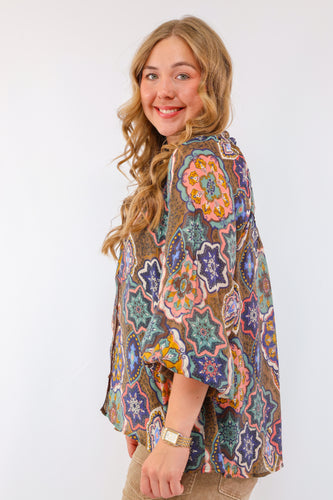Umgee Boho Mosaic Print Button Down Blouse