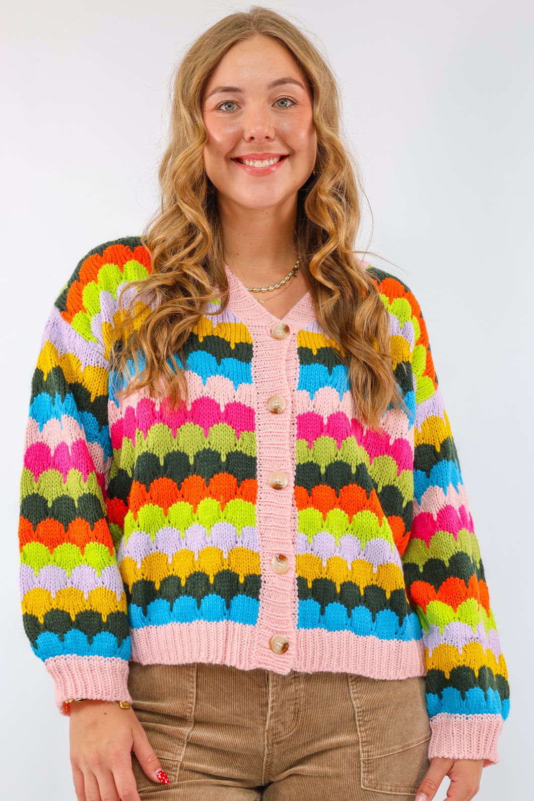 Multicolor Fish Scales Pattern Cardigan in Spring Bloom