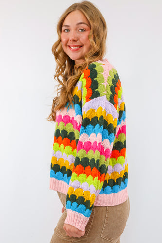 Multicolor Fish Scales Pattern Cardigan in Spring Bloom