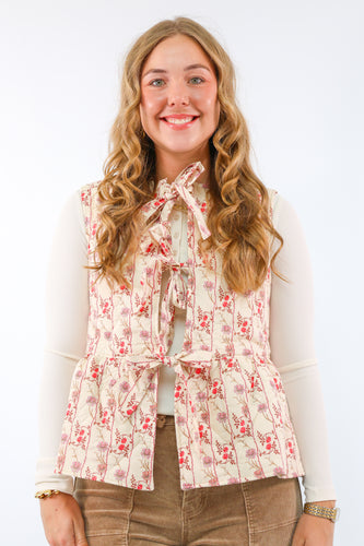 Umgee Floral Quilted Vest with Tie-Front Bows