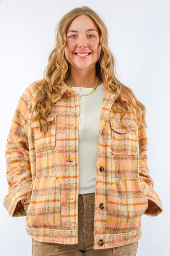 Blushed-plaid Coat Jacket in Peach Tan