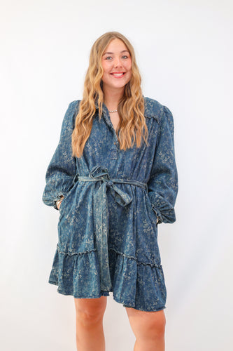 Easel Jacquard Dirty Washed Denim Dress