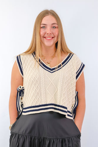 Contrast Line Trim Side Tie Knit Sweater Vest in Cream