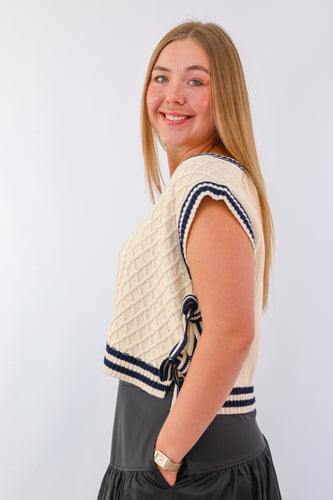 Contrast Line Trim Side Tie Knit Sweater Vest in Cream
