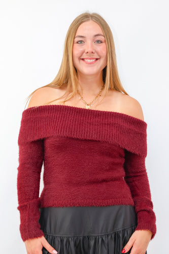 Off Shoulder Fold Over Blushed Knit Sweater in Red Wood