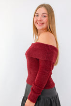 Off Shoulder Fold Over Blushed Knit Sweater in Red Wood