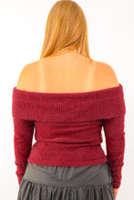 Off Shoulder Fold Over Blushed Knit Sweater in Red Wood