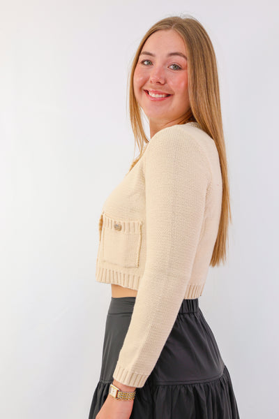 Cream Gold Button Down Pocket Detail Cardigan