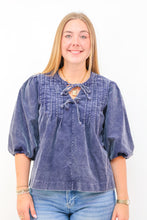 Umgee Corduroy Puff Sleeve Blouse in Denim Blue