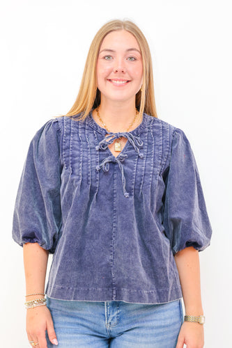 Umgee Corduroy Puff Sleeve Blouse in Denim Blue