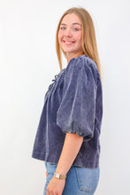 Umgee Corduroy Puff Sleeve Blouse in Denim Blue