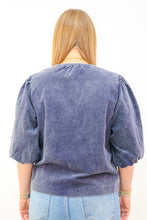 Umgee Corduroy Puff Sleeve Blouse in Denim Blue