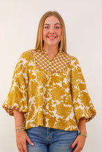 Umgee Abstract Print Long Sleeve Top with Rounded Yoke in Mustard
