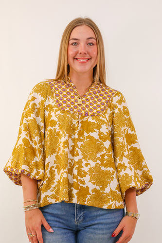 Umgee Abstract Print Long Sleeve Top with Rounded Yoke in Mustard