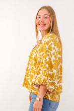 Umgee Abstract Print Long Sleeve Top with Rounded Yoke in Mustard
