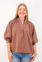 Umgee Puff Sleeves V Neck Collared Top in Chocolate