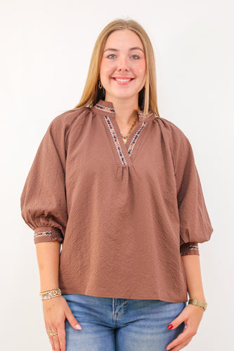Umgee Puff Sleeves V Neck Collared Top in Chocolate