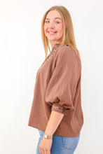 Umgee Puff Sleeves V Neck Collared Top in Chocolate