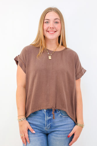 Umgee Drawstring Linen Blend Top in Espresso
